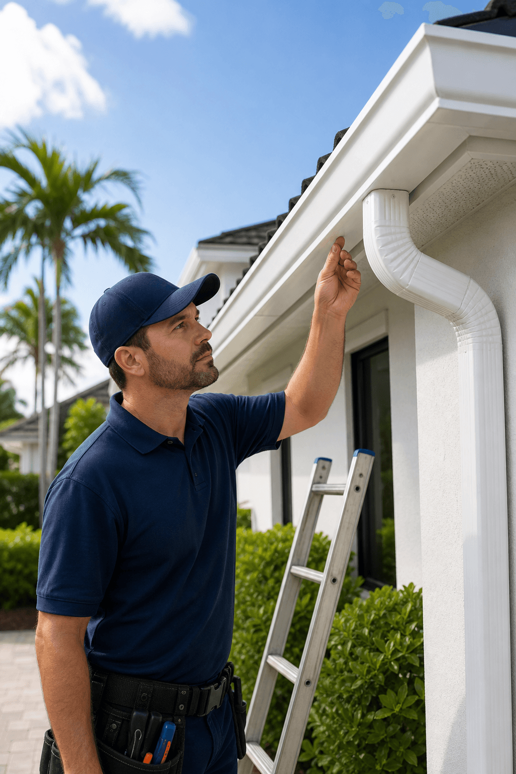 Professional gutter worker inspecting a residential gutter